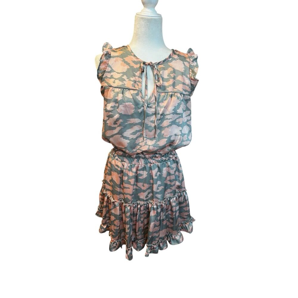 ADRIENNE Dress Sz. S Pink Gray Animal Print Sleeveless Smocked Waist Mini Tiered